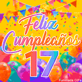 Un GIF animado para un 17º cumpleaños, Muestra el texto 'Feliz Cumpleaños 17' sobre un fondo amarillo vibrante con globos de colores, banderines y una lluvia de confeti.