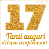 GIF animata per un 17° compleanno, Mostra il numero 17 in grandi caratteri dorati pieni di glitter scintillante, Sotto, la scritta 'Tanti auguri di buon compleanno!' in un elegante oro.