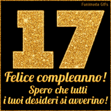 Un GIF animato per un 17° compleanno, Presenta il testo 'Buon Compleanno 17' su uno sfondo giallo vivo con palloncini colorati, festoni e una pioggia di coriandoli.