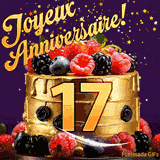 Une animation de célébration d'un gâteau de 17ème anniversaire, Des étoiles dorées tombent du ciel, mettant en valeur le texte 'Joyeux Anniversaire !' et le nombre doré 17 à l'avant du gâteau.