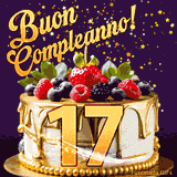 Un GIF animato di una bellissima torta per il 17° compleanno con glassa dorata e frutti di bosco freschi, Il numero dorato 17 è davanti, e stelle cadono su uno sfondo viola scuro.