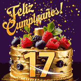 Una animación de celebración de una tarta para el 17º cumpleaños, Estrellas doradas caen del cielo, destacando el texto '¡Feliz Cumpleaños!' y el número dorado 17 en la tarta.