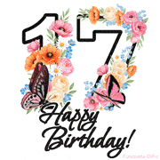 A floral 17th birthday animated greeting card. The number '17' is surrounded by animated flowers and butterflies, creating a beautiful and cheerful way to celebrate the milestone.