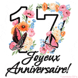 Ce GIF de Joyeux 17ème Anniversaire présente le nombre vingt rempli d'un bouquet vibrant de fleurs animées, avec des papillons qui bougent doucement sur un fond blanc.