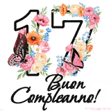 Questo GIF di Buon 17° Compleanno mostra il numero venti riempito con un vibrante bouquet di fiori animati, con farfalle che si muovono dolcemente su uno sfondo bianco.