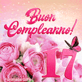 GIF buon compleanno 17 anni che raffigura un bouquet floreale, una farfalla rosa animata e uno sfondo sognante con stelle e brillantini.