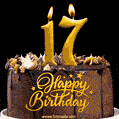 17 Birthday Chocolate Cake with Gold Glitter Number 17 Candles (GIF)