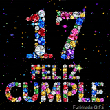 Gráfico en fondo negro con pequeñas estrellas de colores mostrando el número 17 y la frase FELIZ CUMPLE, creados con diamantes brillantes.