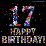 Animated bright shiny diamonds shape the number 17 and the text Happy Birthday below it, set against a dark backdrop with small sparkling colored lights.