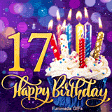 Golden number 17 and Happy Birthday script with a frosted cupcake topped with colorful lit candles on a blurry, sparkling purple lighted background.