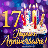 Carte animée 17 ans : bougies colorées scintillantes sur un cupcake et le chiffre 17 doré sur fond bokeh violet.