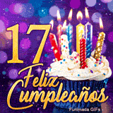 Tarjeta animada 17 años: velas de colores relucientes sobre un cupcake y el número 17 dorado en fondo morado.