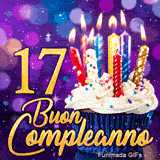 Biglietto animato 17 anni: candeline colorate scintillanti su un cupcake e il numero 17 dorato su sfondo viola.