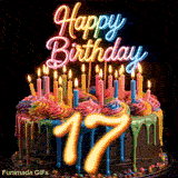 Spinning 17th birthday cake GIF featuring rainbow drip icing, lit candles, and glowing golden number 17 in front.