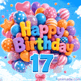 Against a clear blue sky with soft clouds, a moving bunch of balloons features 3D Happy Birthday lettering and a hanging blue number 17.