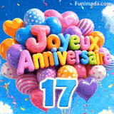 Dans un ciel bleu clair avec de doux nuages, un bouquet de ballons en mouvement présente le texte 3D Joyeux Anniversaire et le chiffre bleu 17.