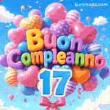 In un cielo azzurro chiaro con dolci nuvole, un mazzo di palloncini in movimento presenta il testo 3D Buon Compleanno e il numero azzurro 17.