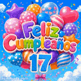 Tarjeta animada 17 años: racimos de globos estampados flotando en el cielo con el número 17 azul e ilustración 3D.
