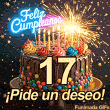 Torta de cumpleaños con la cifra 17 dorada en el centro. Letrero de Feliz Cumpleaños brillando entre chispas de bengala y estrellitas flotantes.