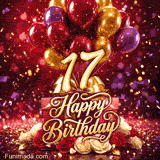 Colorful balloons gift boxes and red-white roses frame the golden number 17 with Happy Birthday text and falling confetti against a rich red backdrop