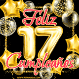 Animación de un GIF con el número 17 en dorado, rodeado de estrellas, burbujas brillantes y la frase 'Feliz cumpleaños' en letras modernas y festivas.