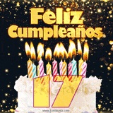 GIF animado de un pastel decorado con velas de colores, con el número 17 resaltado y un fondo brillante que transmite celebración.