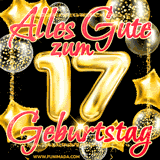 A vibrant greeting card featuring colorful balloons in the background with the large number '17' and the words 'Happy Birthday!' in glowing, bold text