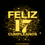 GIF animado con un diseño dorado, mostrando el número 17 rodeado de fuegos artificiales y luces que resaltan una atmósfera festiva y vibrante.