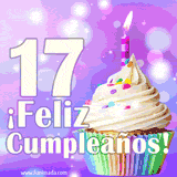 Animación de un cupcake con cobertura blanca, confites de colores, una vela encendida y el número 17 en grande sobre un fondo púrpura con luces brillantes.