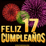 GIF animado con el número 17 en dorado, rodeado de fuegos artificiales rojos, verdes y morados, con el mensaje 'Feliz cumpleaños' en letras doradas.
