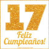 Imagen animada con el número 17 en diseño dorado brillante acompañado de la frase 'Feliz cumpleaños' sobre un fondo blanco simple y elegante.