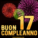Animazione di fuochi d'artificio colorati con il numero 17 in oro brillante e la scritta 'Buon Compleanno' su uno sfondo nero festivo ed elegante.