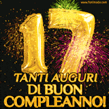 Palloncini dorati a forma del numero 17, accompagnati da scintille e fuochi d'artificio su sfondo nero, con il messaggio 'Tanti auguri di Buon Compleanno!'.