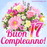 Bouquet animato con rose rosa, margherite e altri fiori colorati, con il numero 17 e la scritta 'Buon Compleanno!' in stile elegante e luminoso.