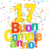 Animazione con il numero 17 in giallo e scritte multicolore 'Buon Compleanno!', accompagnate da una pioggia di stelle e coriandoli colorati.