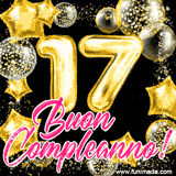 Animazione con palloncini dorati a forma del numero 17, circondati da decorazioni scintillanti e la scritta 'Buon Compleanno!' in caratteri rosa accattivanti.