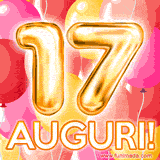 Bouquet animato di palloncini multicolori che emergono da una scatola regalo, con il numero 17 e la scritta 'Tanti Auguri!' su uno sfondo pieno di coriandoli.