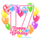 An animated birthday greeting card with a large '17' in pink outline surrounded by colorful balloons heart-shaped frame, and 'Happy Birthday!' written below in hand-written font.