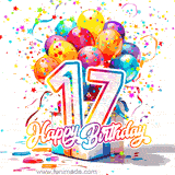 A festive birthday age GIF with animated star confetti, colorful balloons, and a gift box with the number 17. The text reads 'Happy Birthday'.