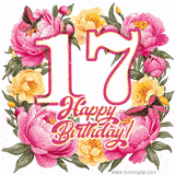 A celebratory GIF image features the animated number '17' and the words 'Happy Birthday!' surrounded by pink and yellow flowers. Two moving butterflies are included in this festive design.