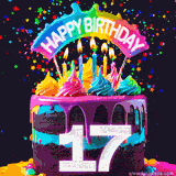 Chocolate cake with cyan layers, pink dressing and a big number 17 adorned with vibrant multicolored frosting, lit candles, and a rainbow topper with text that says 'Happy Birthday'. Animated colorful confetti move behind the cake.