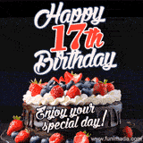 A birthday greeting card image. It features a chocolate cake with berries and the text 'Happy 17th Birthday. Enjoy your special day!'