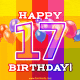 A birthday cake with lit candles is shown with colorful balloons and animated confetti.