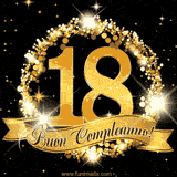 Il numero 18 è circondato da un anello dorato brillante, accompagnato da un nastro elegante con la scritta 'Buon Compleanno!' su uno sfondo scuro.