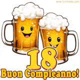 Due boccali di birra sorridenti animati, con il numero 18 e la scritta 'Buon Compleanno!' in caratteri allegri su uno sfondo bianco.