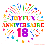 GIF animé joyeux anniversaire 18 ans avec étoiles multicolores et feu d’artifice