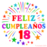 Imagen animada para felicitar los 18 años con letras de colores y diseño festivo.