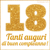 GIF animata per un 18° compleanno, Mostra il numero 18 in grandi caratteri dorati pieni di glitter scintillante, Sotto, la scritta 'Tanti auguri di buon compleanno!' in un elegante oro.