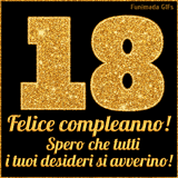 Un GIF animato per un 18° compleanno, Presenta il testo 'Buon Compleanno 18' su uno sfondo giallo vivo con palloncini colorati, festoni e una pioggia di coriandoli.