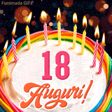 Un'animazione celebrativa di una torta di compleanno per i 18 anni, Le fiamme delle candeline tremolano e delle scintille brillano intorno, creando un'atmosfera festosa e magica.